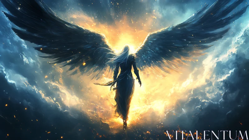 Radiant winged guardian striding through storm and light.