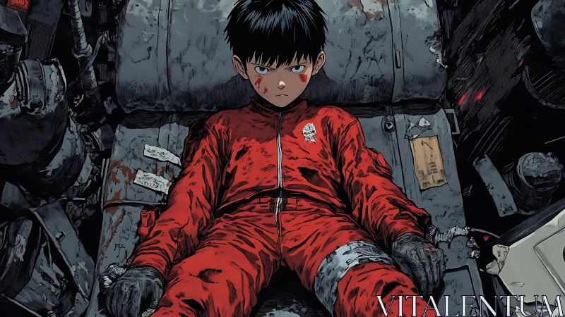 Injured boy in red jumpsuit on ruined industrial cockpit seat