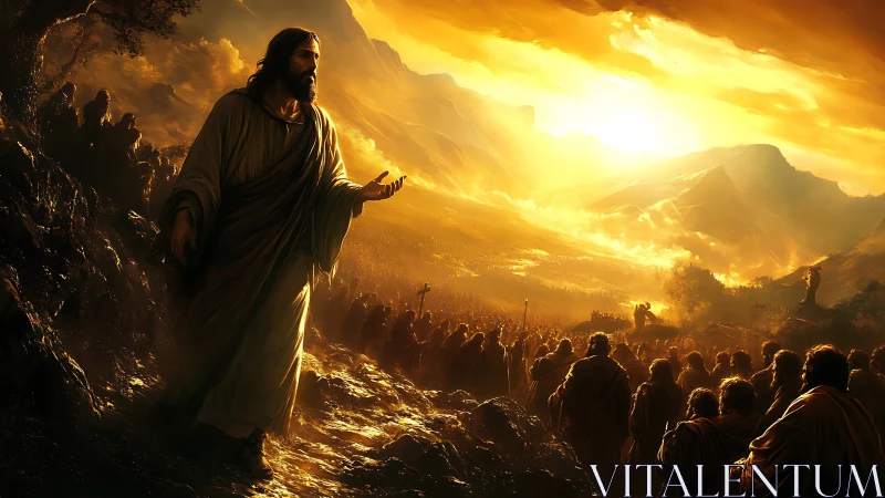 Robe-clad teacher walks hillside above illuminated crowd at dawn