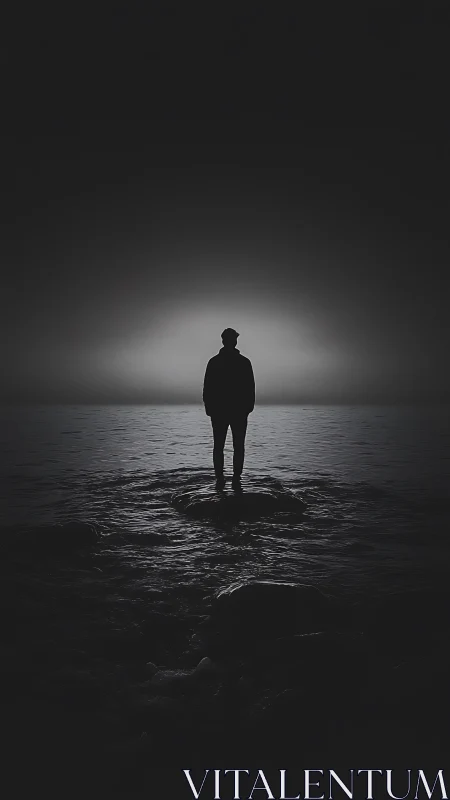 Silhouette of solitary figure on shoreline against dim horizon.