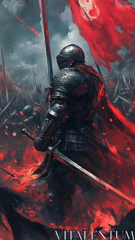 Armored warlord amid crimson embers on stormed battlefield.