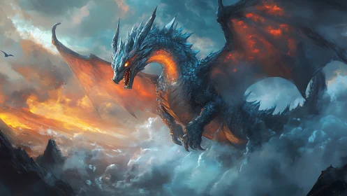 Volcanic sky dragon rendered with high-contrast atmospheric lighting