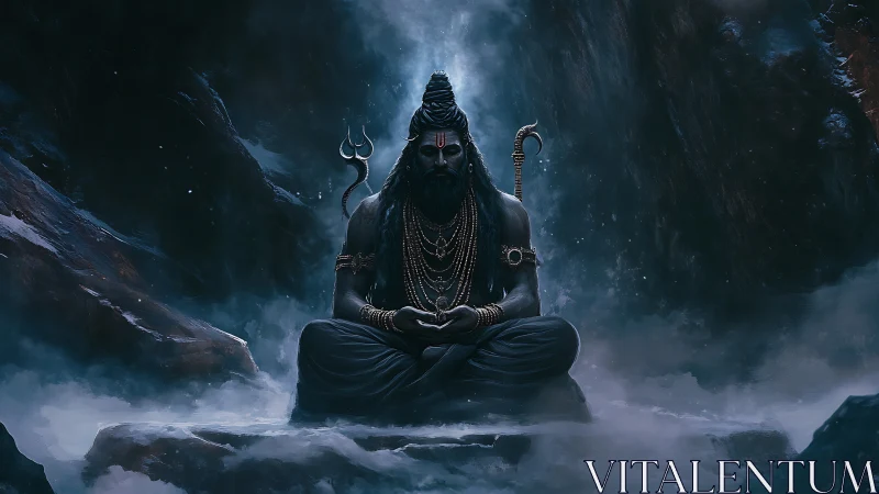 Mythic ascetic deity in icy cavern, cinematic blue grading.