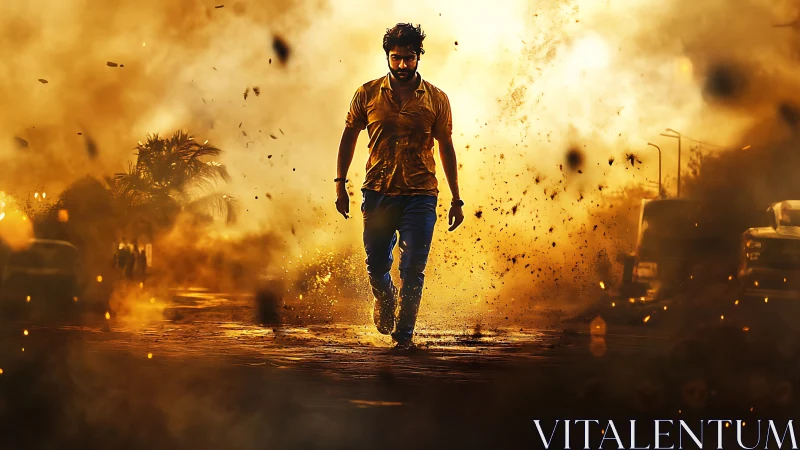 Male figure strides through urban explosion with dynamic debris field