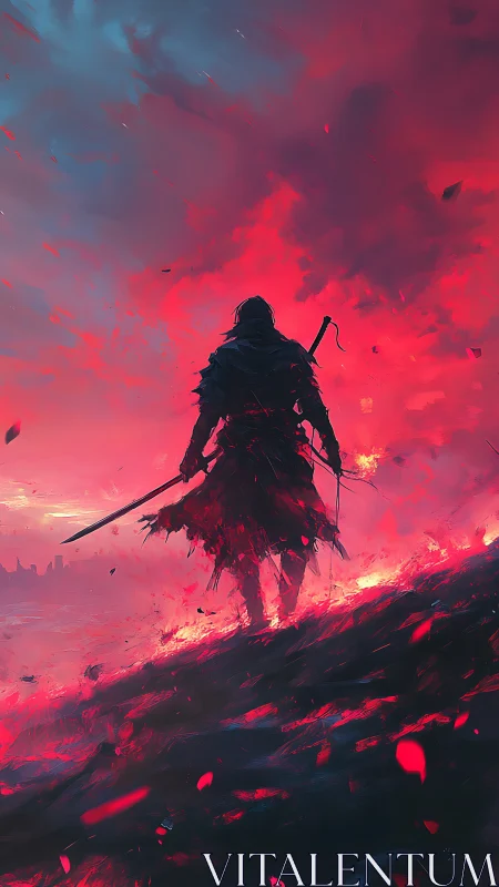 Lone warrior strides into a blazing crimson twilight sky