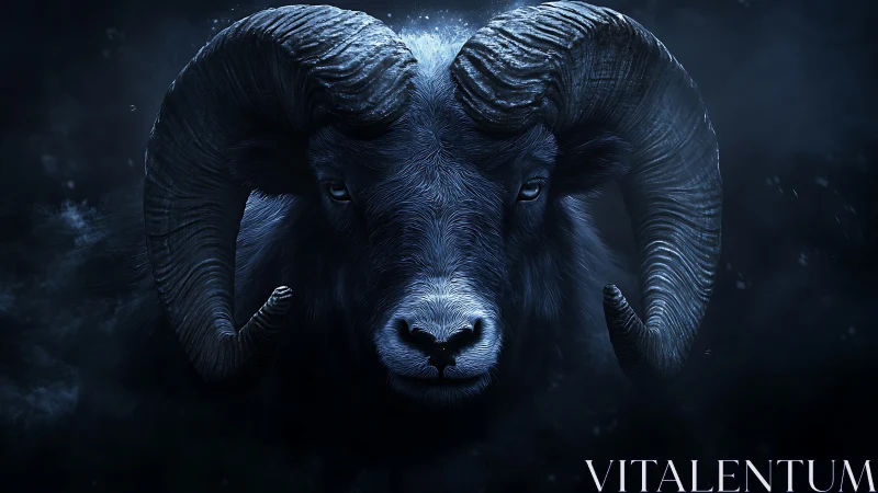 Low-key blue portrait of horned ram with dramatic rim lighting