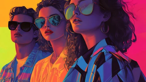 Retro neon friends glowing in oversized sunglasses under dusk.