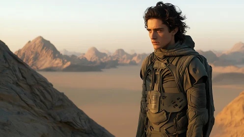 Desert-clad young voyager surveys arid mountains at dawn