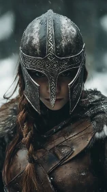 Weathered warrior in the snow, eyes bright with resolve.