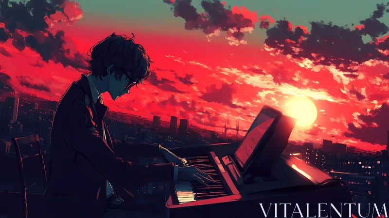 Anime rooftop pianist against neon red urban sunset sky.