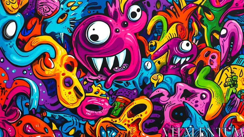 Playful neon monsters tumble together in joyous chaos