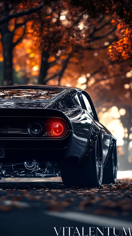 Retro muscle car rear view under cinematic autumn light.