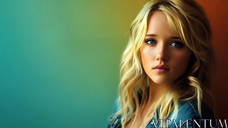 Softly lit blonde portrait rests against glowing teal wall