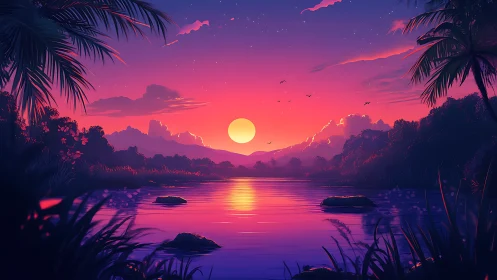 Neon tropical river sunset glows under vivid violet sky