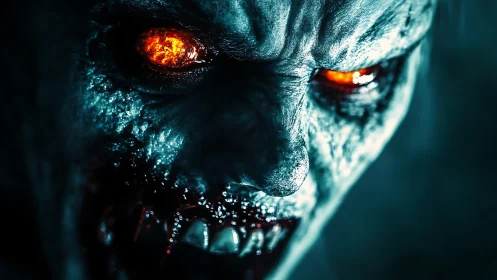 Demonic undead face with burning eyes and bloodied fangs