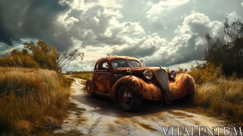 Rustic vintage coupe on muddy rural track under storm clouds.