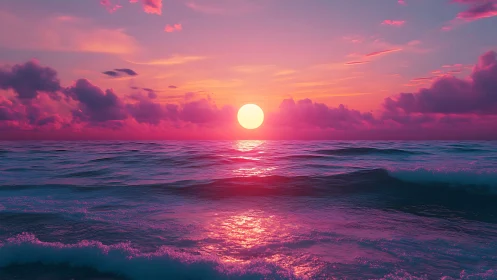 Neon-toned ocean sunset renders hyperreal chromatic atmosphere