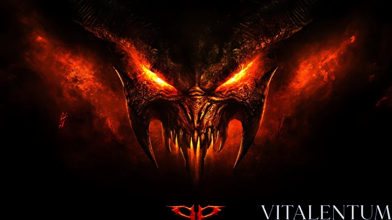 Fiery demon face emerges from darkness in molten inferno