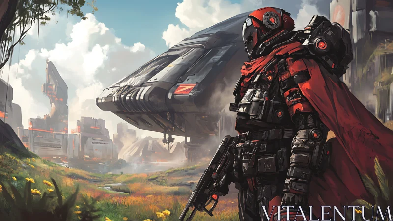 Armored soldier stands before landed spacecraft on outpost