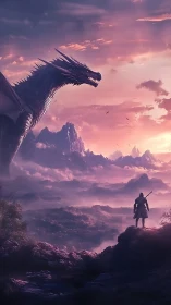 Twilight meeting of wanderer and dragon above misty peaks.