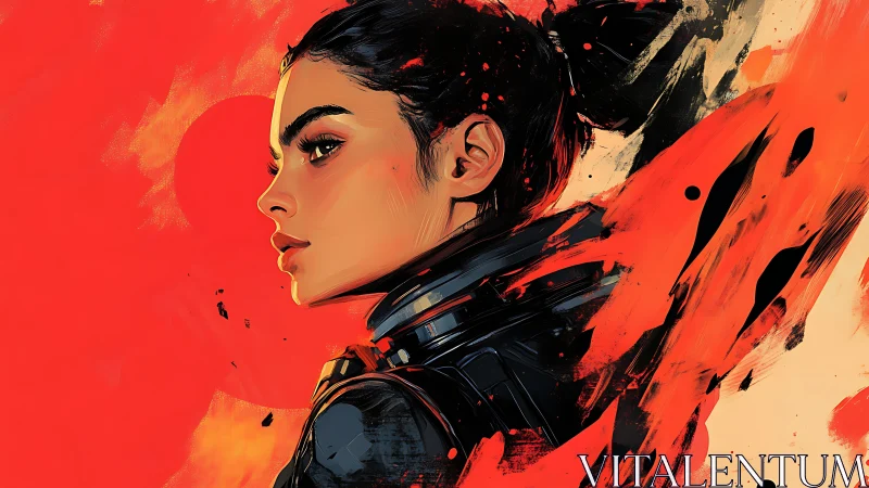 Cyber samurai portrait in kinetic red brush abstraction.