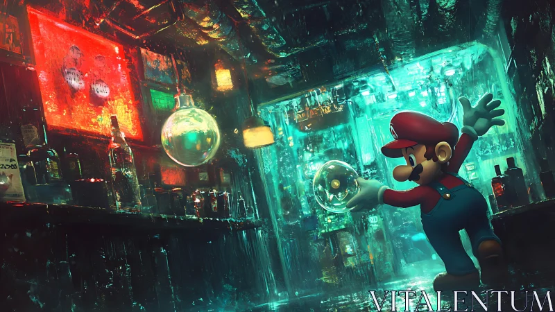 Mario-like character in neon lit bar with glass spheres.