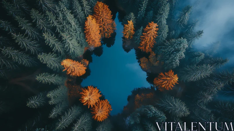 Golden trees gently circle a calm forest lake in autumn