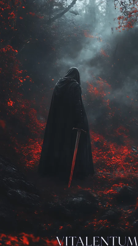 Hooded wanderer haunting a blood-red foglit forest path.