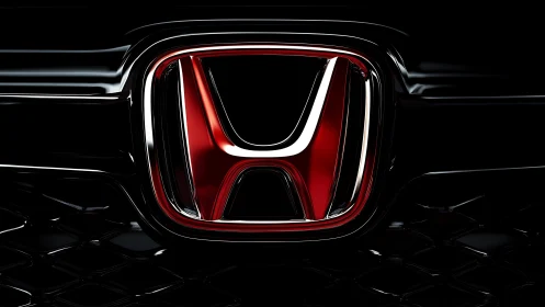 Bold red car emblem glowing against sleek black grille.