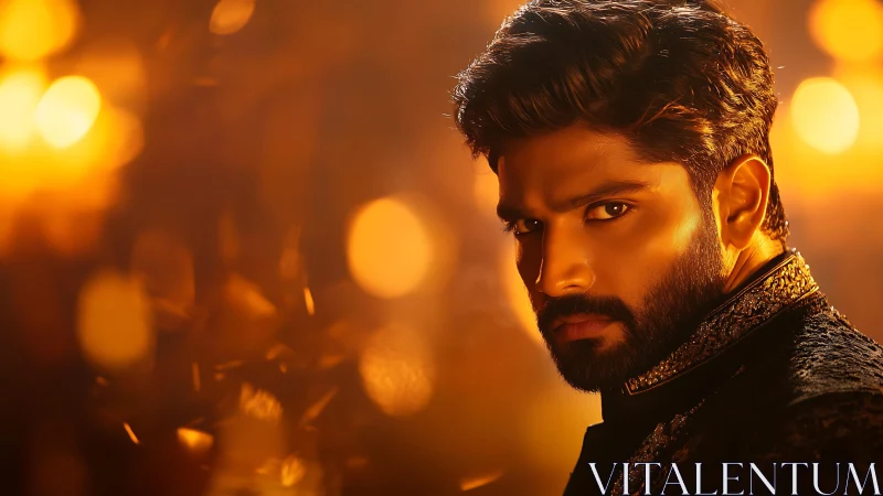 Portrait of bearded man in ornate attire, warm bokeh field.