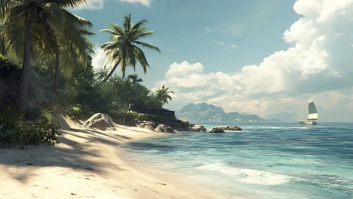 Tropical Coastal Vista With Palm Trees, Sailboat, and Turquoise Waters