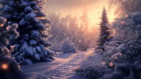 Snowy forest path under soft sunset light in wintertime.