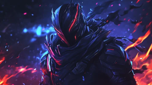 Shadowforged cyber knight amid neon embers and void.