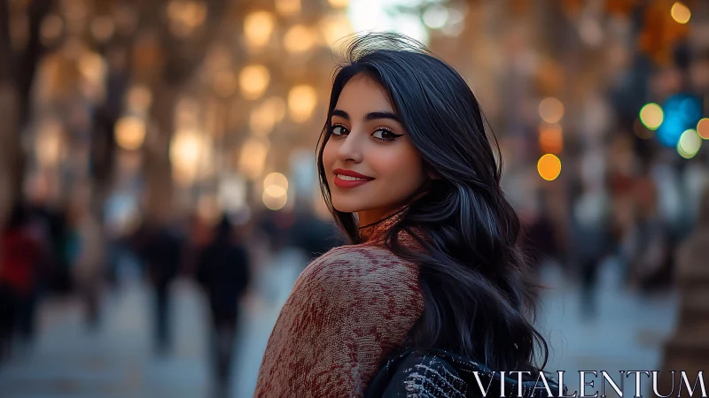 City lights crown her quiet confidence in soft golden blur