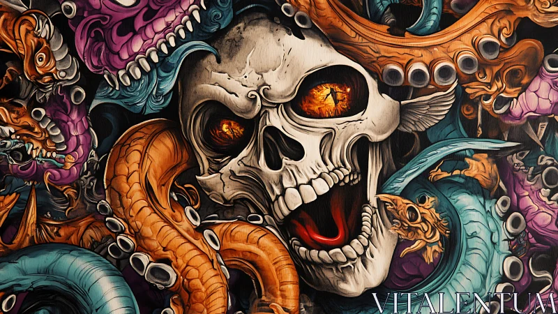 Vibrant skull and tentacles erupt in chaotic fantasy horror