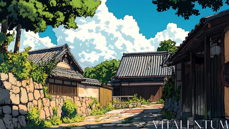 Sunlit village lane with quiet wooden homes and bright clouds.