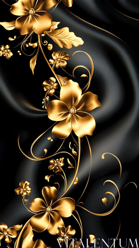 Golden floral scrollwork over black silk backdrop.