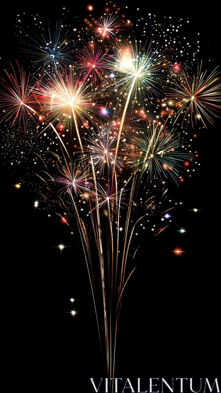 Digital pyrotechnic burst on black with radial star clusters.