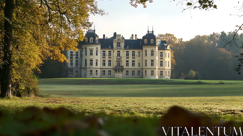 Historic manor rises beyond autumn meadow under soft light.