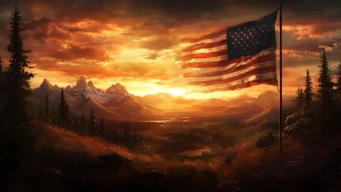 Sunlit American flag waving over peaceful mountain valley.