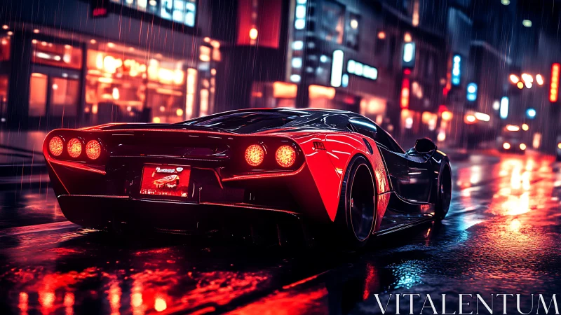 Red hypercar in neon-soaked rainy cyberpunk city street scene.