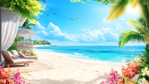 Sunlit shore escape with cozy cabana and bright blooms.