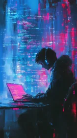 Focused coder at neon laptop in moody digital environment.