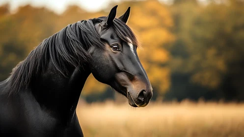 Gentle black horse gazes calmly across a golden meadow