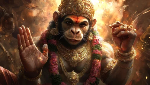 Divine simian deity portrait in radiant ceremonial regalia.