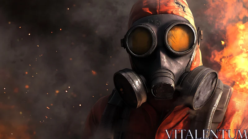 Figure in Gas Mask Against Fiery Background Environment