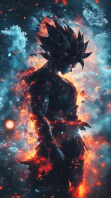 Fiery anime warrior silhouette immersed in cosmic flames.