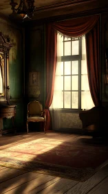 Sunlit vintage parlor interior with ornate classical d&eacute;cor.