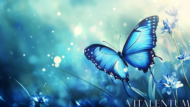 Blue butterfly drifts through dreamy glowing meadow light.