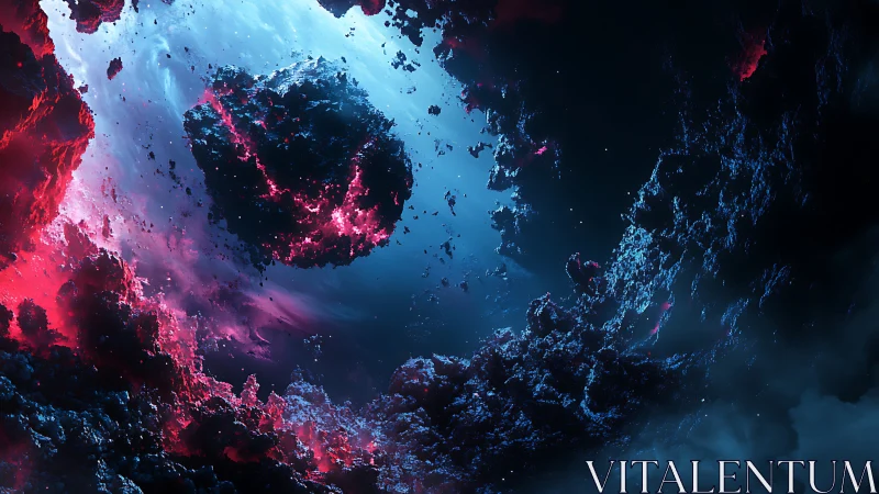 Volcanic asteroid cluster in high contrast cosmic nebula field